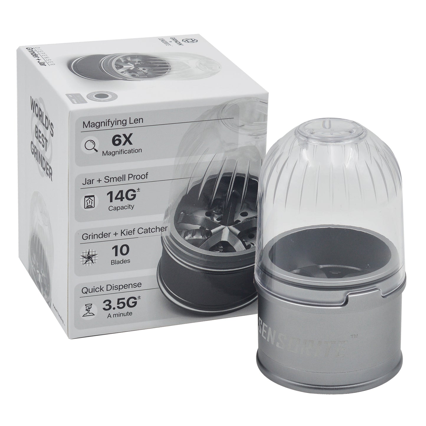 Sensorite Deluxe 63mm 5-Piece Aluminum Herb Grinder with Magnifying Clear Lid & Large Storage Sensorite