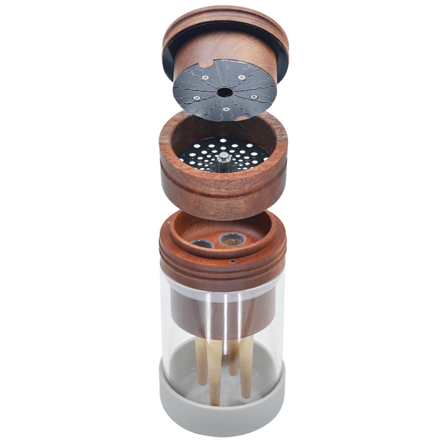 SENSORITE 1 1/4 Size Wooden Grinder & Cone Filler with Airtight Storage Jar & Thread-less Quick Connection - Sensorite