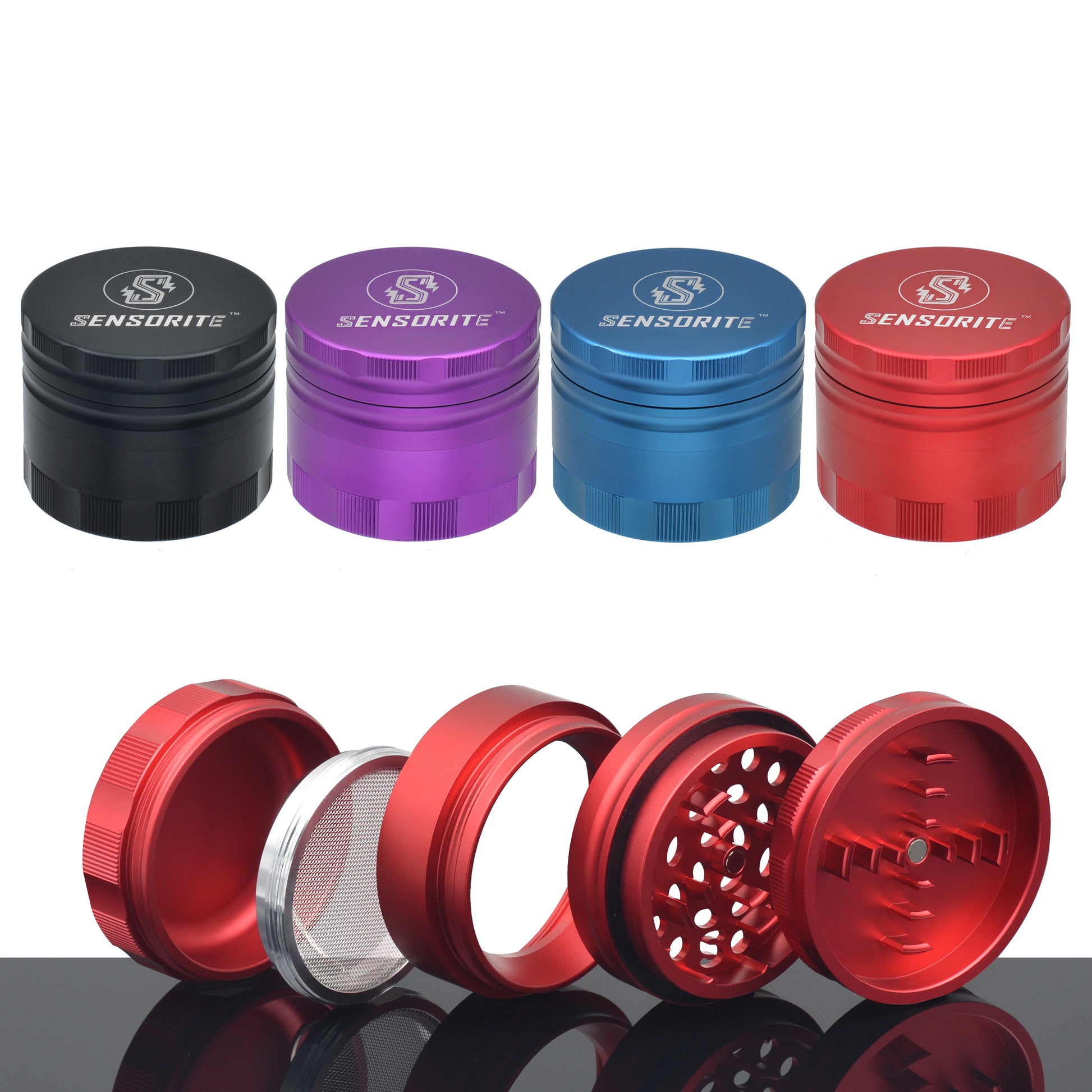 SENSORITE 4-Part Aluminum Grinder with Bump Rings Replaceable Screen Part & Double Blades Sharp Teeth - Sensorite
