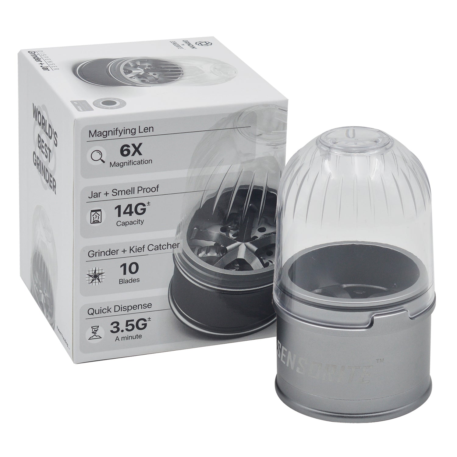 Sensorite Deluxe 63mm 5-Piece Aluminum Herb Grinder with Magnifying Clear Lid & Large Storage Sensorite