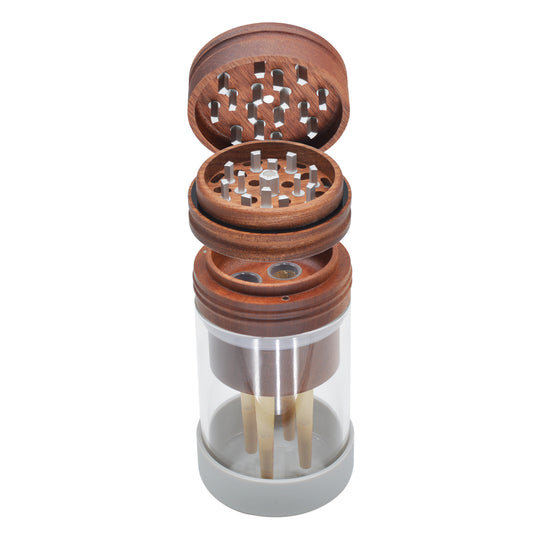SENSORITE 1 1/4 Size Wooden Grinder & Cone Filler with Built-in Hard Aluminum Teeth & Glass Jar - Sensorite