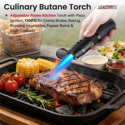SENSORITE Culinary Butane Torch - Adjustable Flame Kitchen Torch with Piezo Ignition, 1300°C for Creme Brulee, Baking, Roasting Vegetables, Pepper Burns & Craft Cocktails - Sensorite